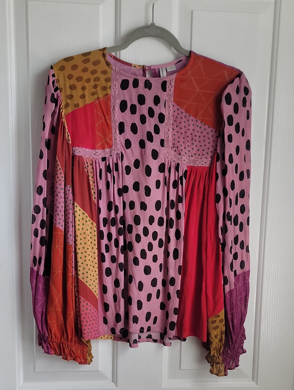 Anthropologie Blank London Pink Patchwork Polka Dot Long-Sleeve Top Small S